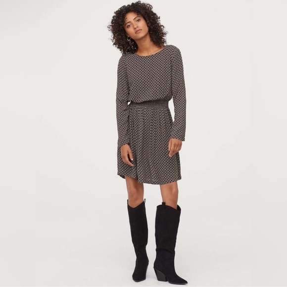 H&M Women's Geometric Print Long Sleeve Dress - Black & Brown - Size 2 - Picture 1 of 6